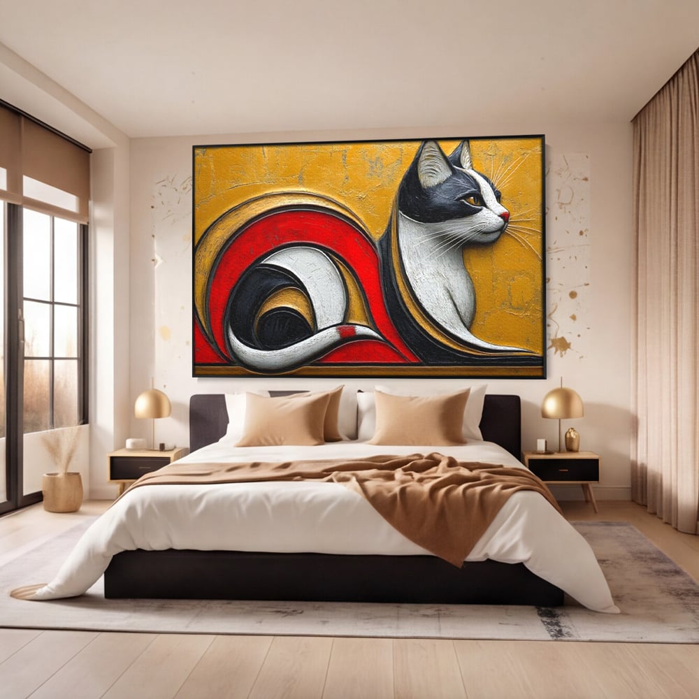 Tablou canvas cu tablou canvas cu pisica stilizata in profil, in rama de aluminiu negru, pe perete intr-un dormitor